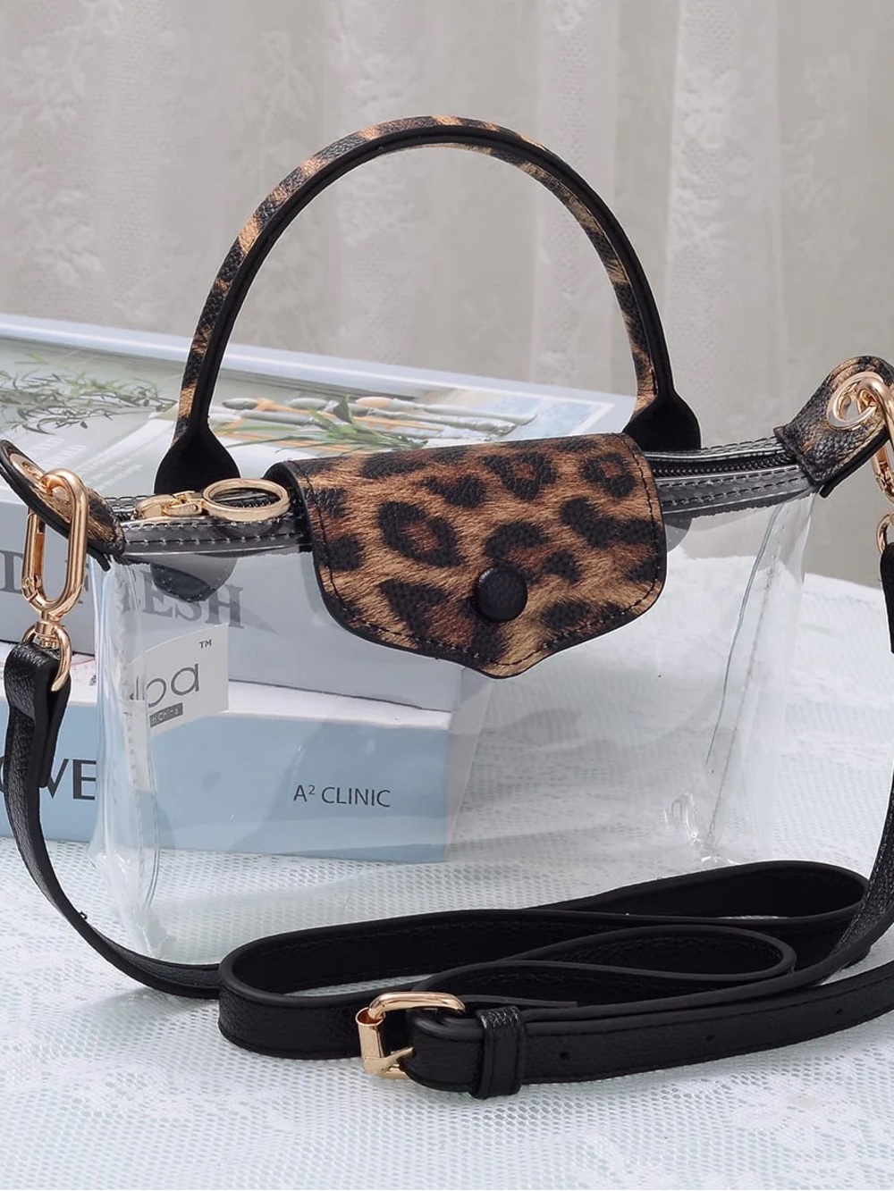 NWT Clear Leopard Crossbody Tote with Navy Trim